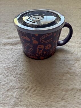 Ceramic Western Theme Soup Mug with Lid - Purple/Pink Western Print